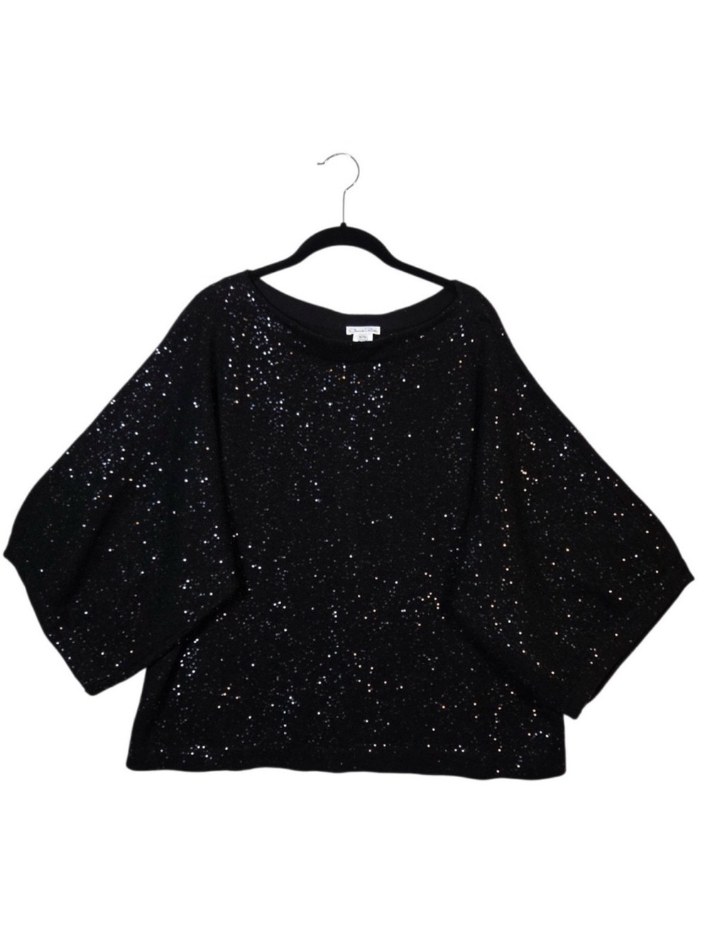 Oscar De La Renta Sweater Women's XL Black Sequined 3/4 Kimono Sleeve Boat Neck